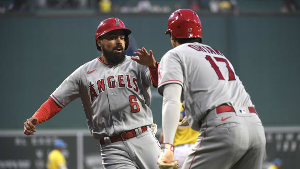 Apr 14, 2023; Boston, Massachusetts, USA; Los Angeles Angels third baseman Anthony Rendon (6) is greeted by designated hitter Shohei Ohtani (17) after he scored runs during the first inning against the Boston Red Sox at Fenway Park. Mandatory Credit: Bob DeChiara-USA TODAY Sports  